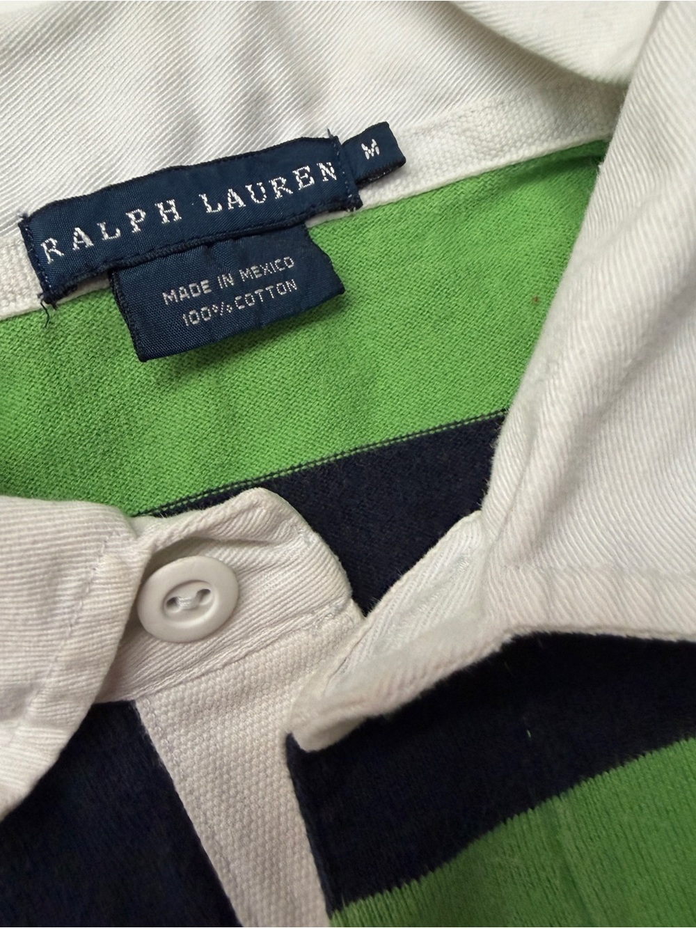 Vintage Y2K Ralph Lauren Green & Navy Blue Striped Rugby Polo Shirt Collared - Picture 3 of 5